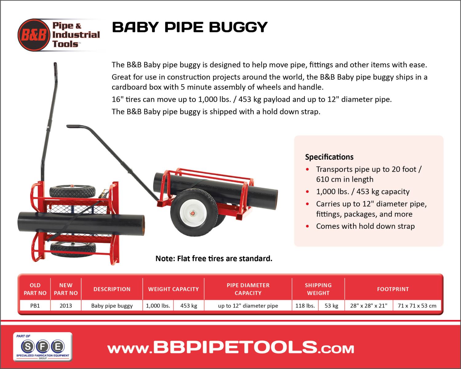 B&B Pipe 2013 Baby Pipe Buggy and Supply Transporter Cart Dolly Holder 1,000 lb Capacity with Flat Free Tires 